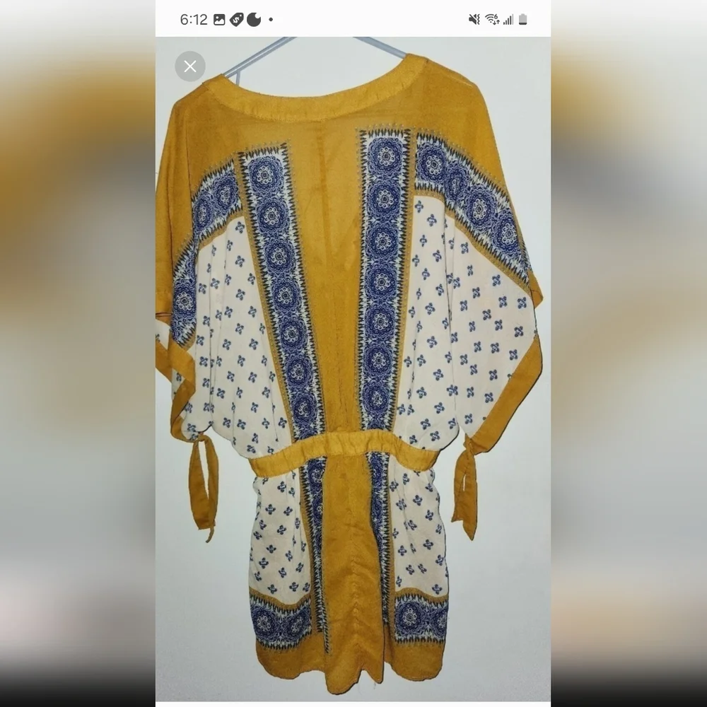 Free People Womens XS Santa Cruz Boho Kimono Mini Dress Mustard Yellow Blue - Picture 2 of 4